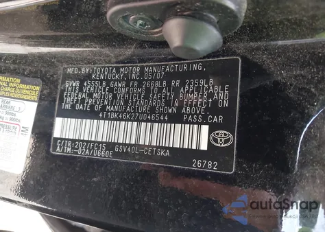 2007 Toyota Camry Se V6 z USA, uszkodzony, nr VIN 4T1BK46K27U046544